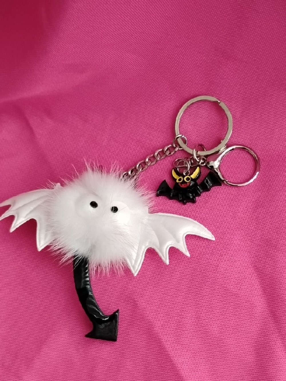 White Furry Bat Keychain Charm with Mini Bat Accent - Picture 8 of 9